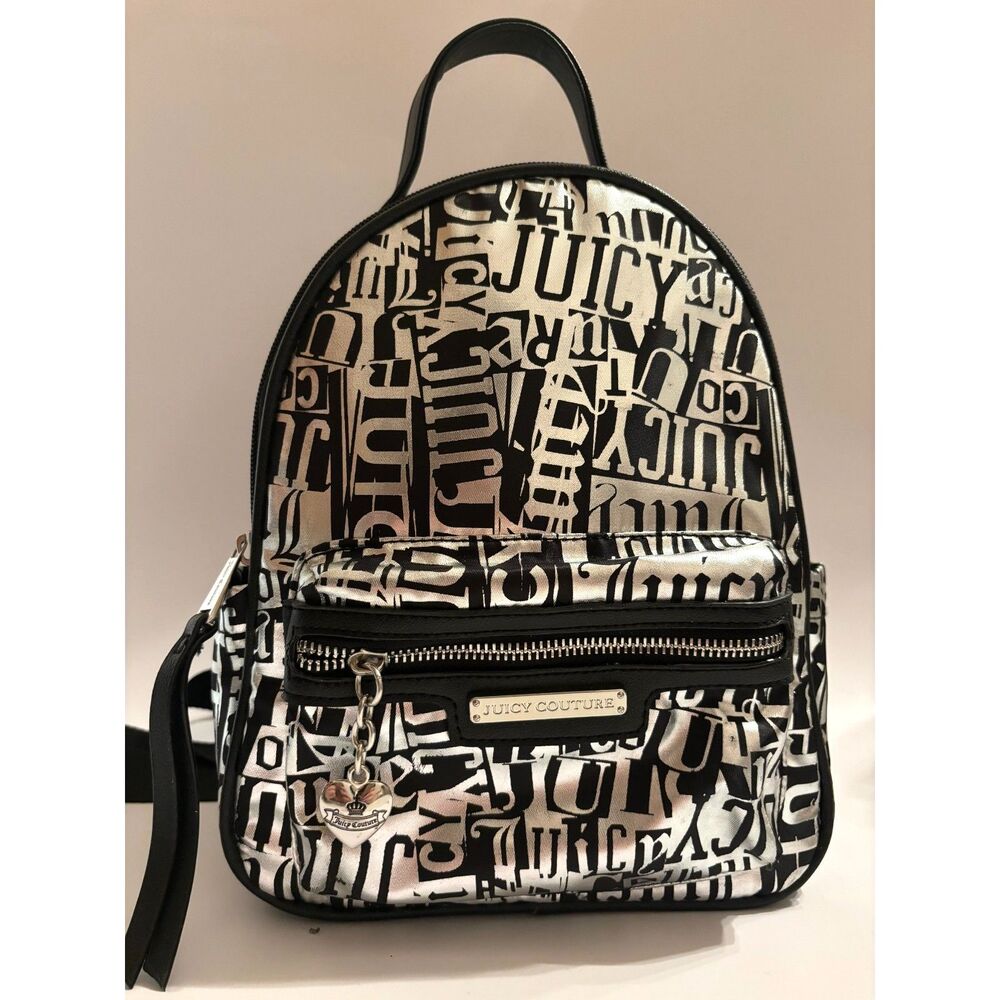 Juicy Couture Y2K Metallic Silver And Black Mini Backpack With Multi Pockets